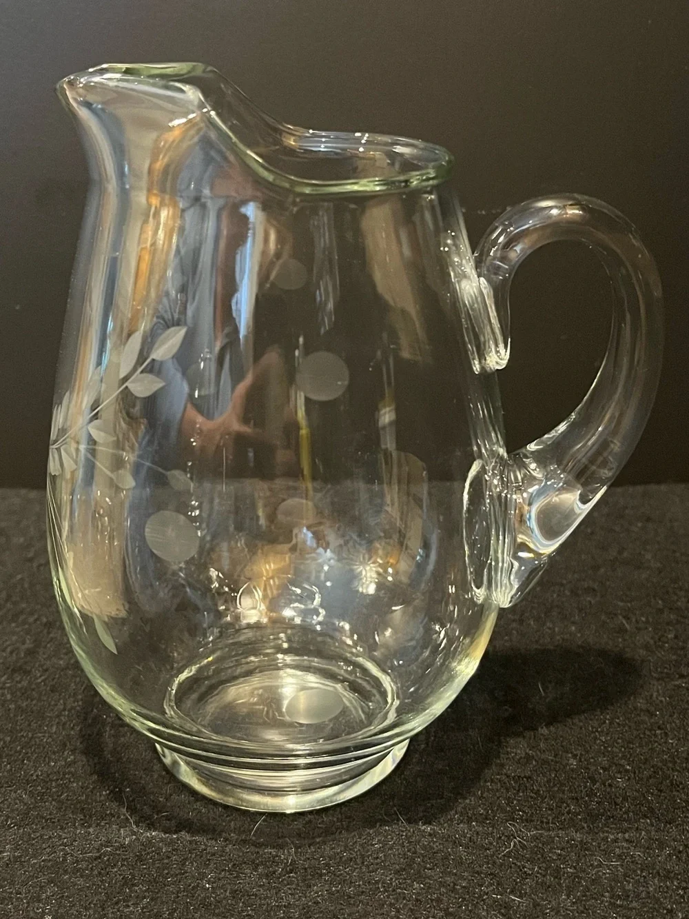Vintage Clear Glass Pitcher with Delicate Etched Floral and Leaf Motif 4.5 Cup
